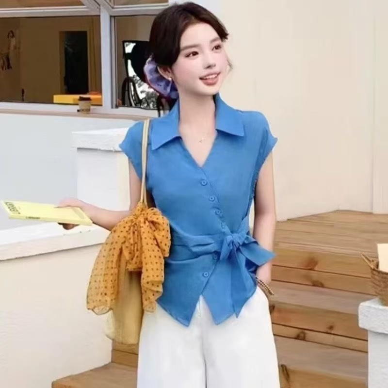 디자인 센스 허리 수축 외국 가스 반팔 여성 셔츠 여름 드레스 새로운 패션 프랑스식 스트랩 불규칙 다용도 맨위 트렌디