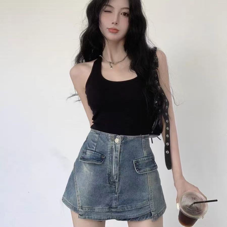 페이크 레이어드 데님 짧은 치마바지 여성 여름 한 마디 하이웨이스트 불규칙 벨트 치마바지 작은 키 핫걸 바지