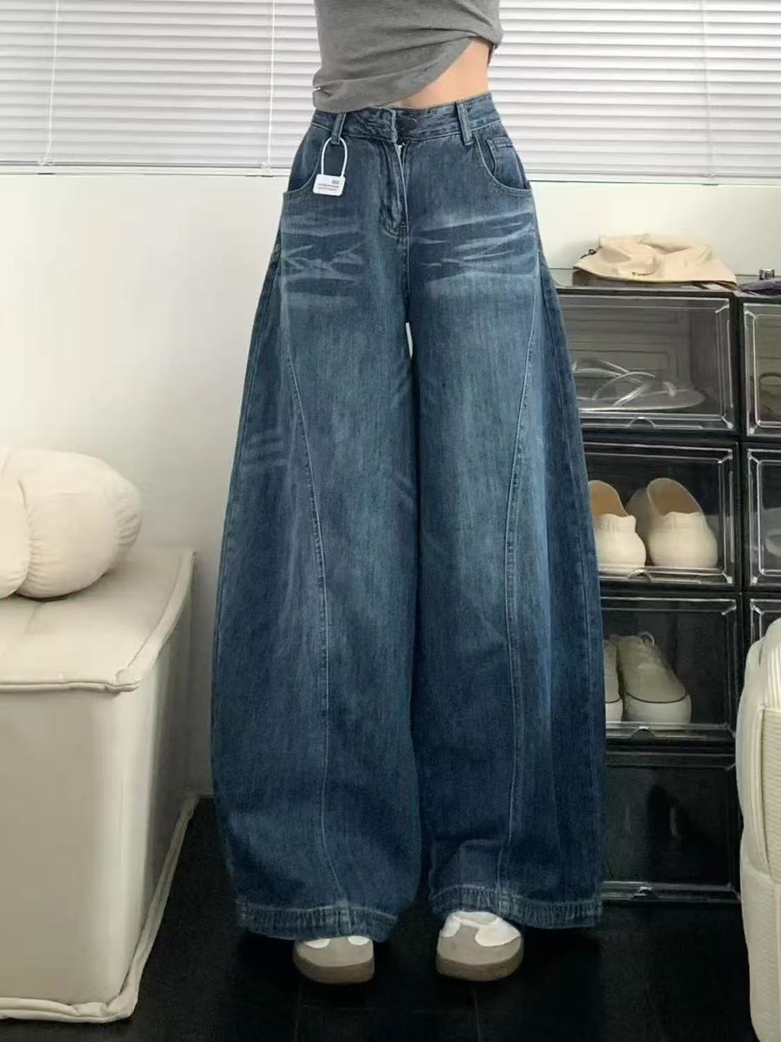 아메리칸 높음 거리 워싱 모통이 칼 청바지 여성 봄 가을 하이웨이스트 루즈핏 슬림해 보이는 넓은 다리 바닥 청소 바지