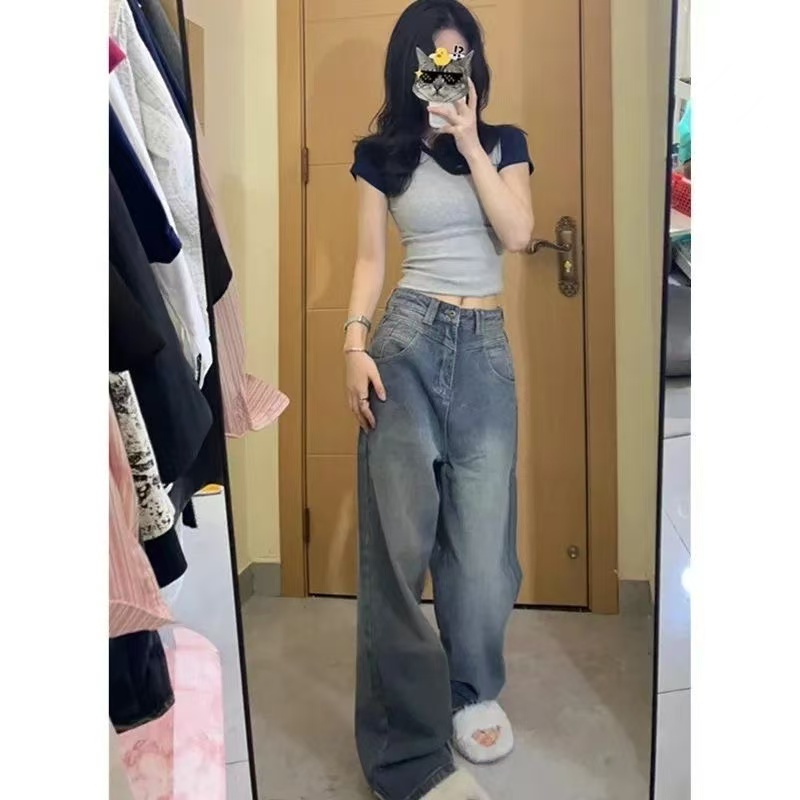 노스탤지어 블루 넓은 다리 청바지 2026 새로운 레트로 루즈핏 도루 센스 디자인 센스 별이 빛나는 하늘 곡물 하이웨이스트 바닥 청소 바지 여성