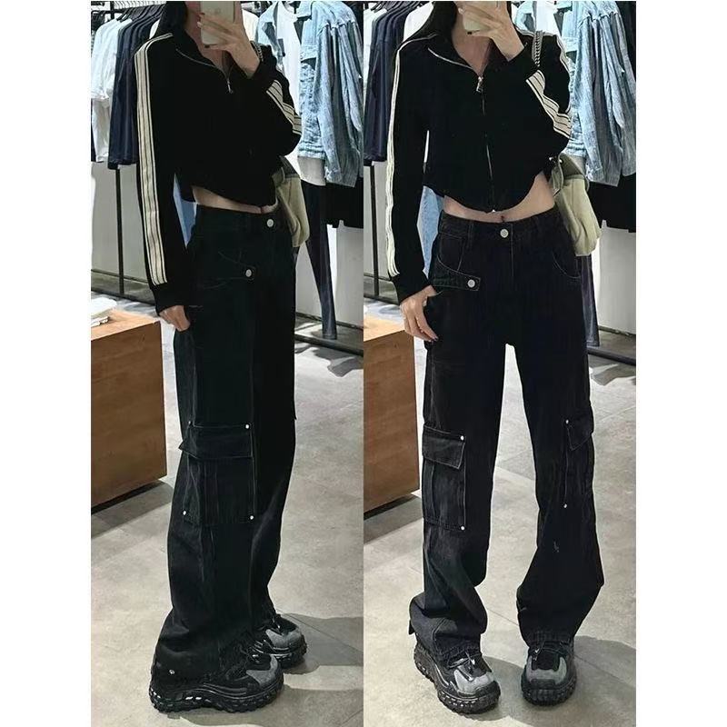 아메리칸 높음 거리 검정색 워크웨어 청바지 여성 가을 하이웨이스트 스트레이트 루즈핏 슬림해 보이는 와이드 레그 팬츠 어린이 ins 트렌디