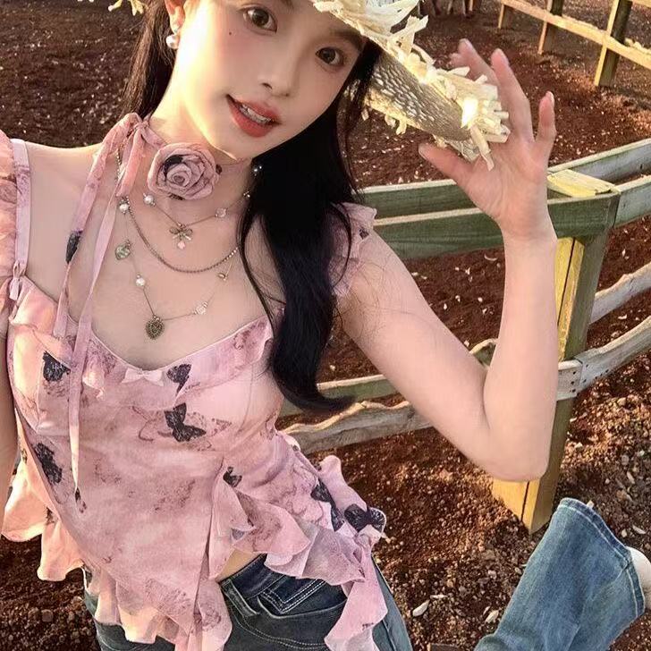 핑크색 V넥 프릴 작은 슬링 조끼 여성 여름 프랑스식 섹시함 핫걸 품격 맨위