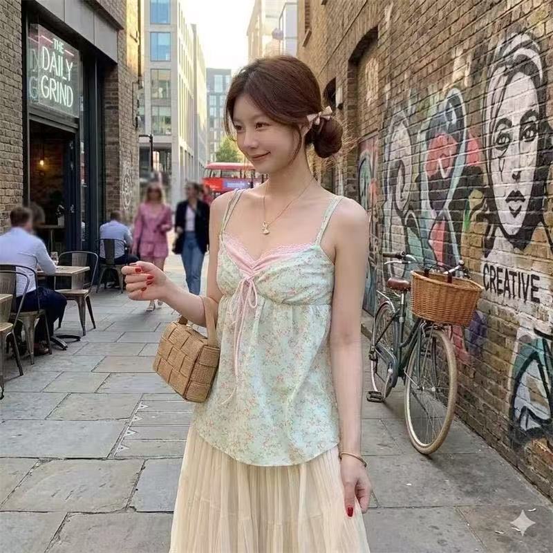 callmeear 오리지널 배색 꽃무늬 슬립 페이크 레이어드 V넥 순수한 욕망 조끼 여성 여성 달콤함 맨위