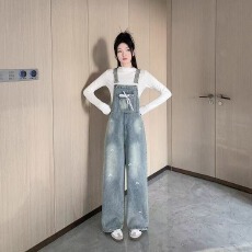批发蝴蝶结蕾丝织带烫钻复古牛仔背带裤<b class='q'>连体裤</b>芭蕾风<b class='q'>长裤</b>
