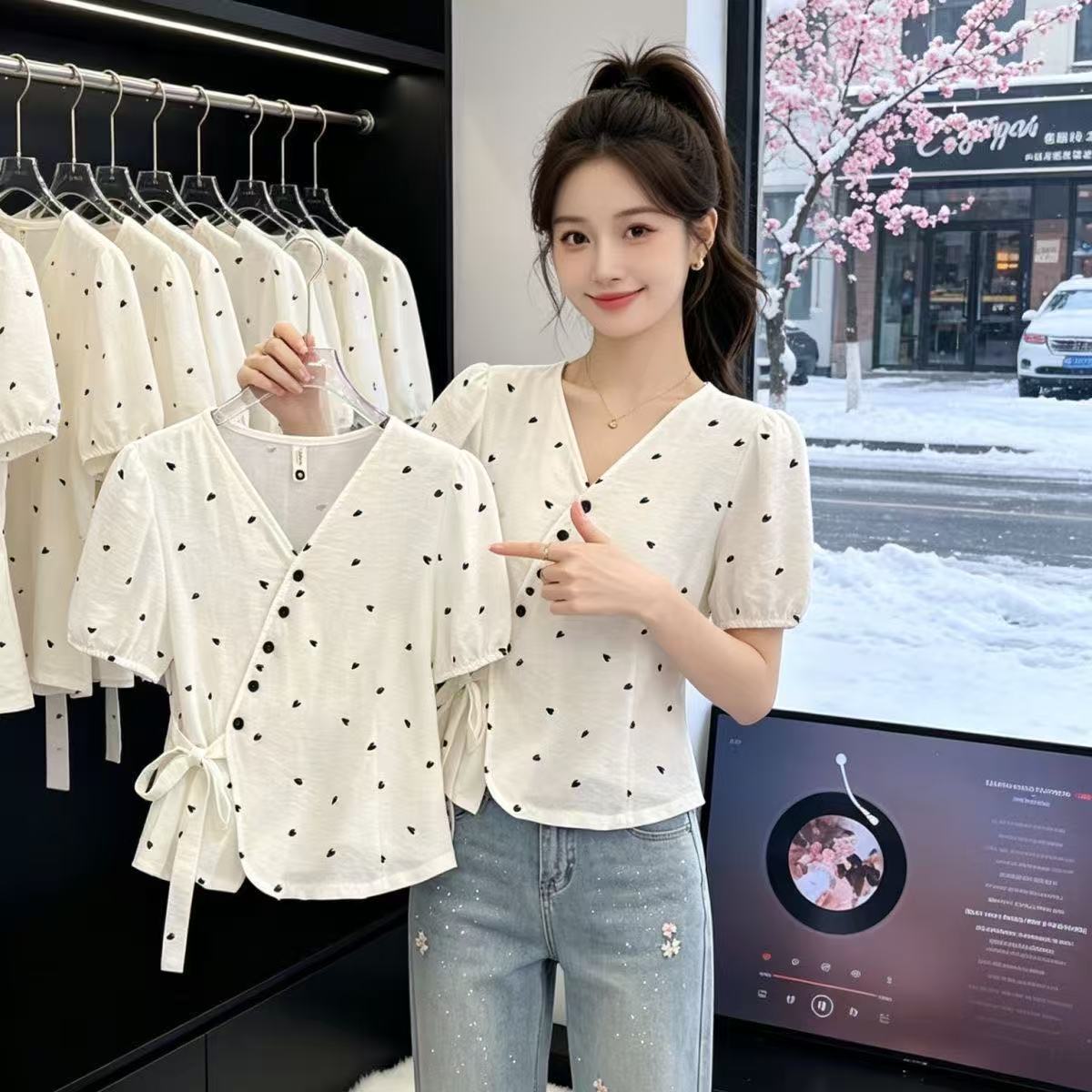 여름 한 부서 프린트 V넥 디자인 센스 레이스업 허리 수축 작은 청신 패션 작은