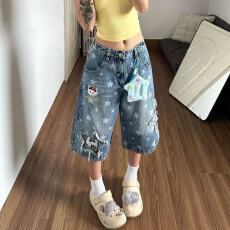 批发配挂饰美式星星贴布印花七分牛仔短<b class='q'>裤</b>女夏季宽松显瘦阔<b class='q'>腿</b>中<b class='q'>裤</b>