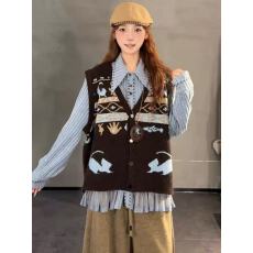 批发费尔岛风提花针织马甲套装女2026<b class='q'>秋</b>季新款V领叠穿背心显瘦减龄