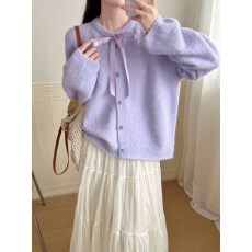 批发韩系氛围感蝴蝶结毛衣女<b class='q'>秋</b>冬慵懒温柔风软糯针织上衣开衫