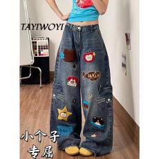 批发童趣小猫刺绣口袋<b class='q'>牛仔裤</b>女卡通风减龄美式宽松阔腿街头休闲长裤子