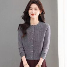 批发高级感花边圆领小个子毛衣外套女春秋短款羊毛针织开衫外搭