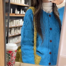 批发复古花边钩花蓝色针织开衫女秋冬软糯<b class='q'>毛衣</b>外套<b class='q'>韩版</b>圆领套头<b class='q'>毛衣</b>