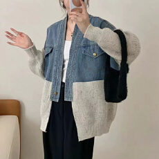 批发秋冬新款<b class='q'>牛仔</b>拼接毛衣外套女爆款宽松慵懒风针织开衫上衣