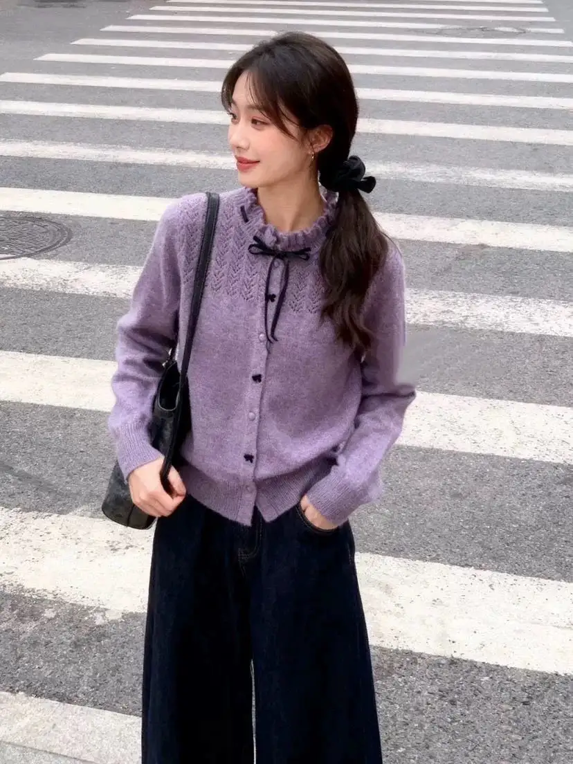 꽃 칼라 리본 니트 가디건 상세 이미지 1