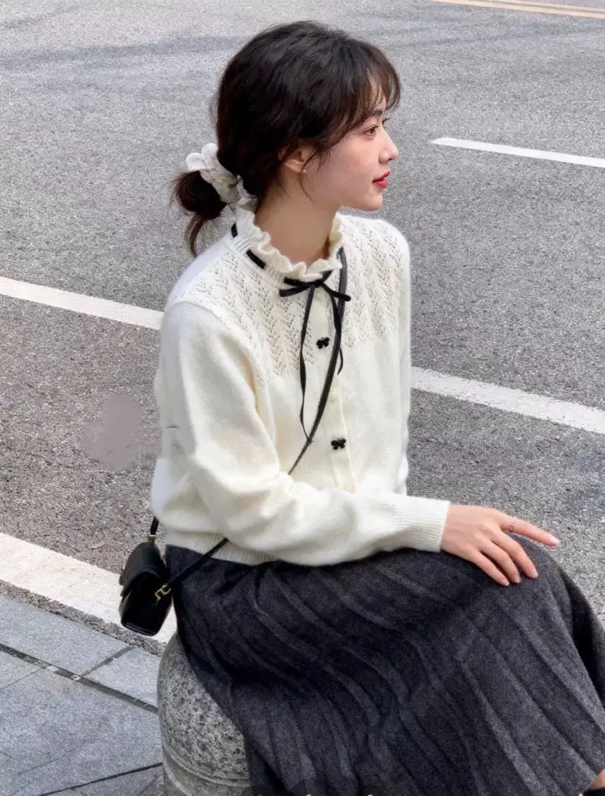 꽃 칼라 리본 니트 가디건 상세 이미지 7