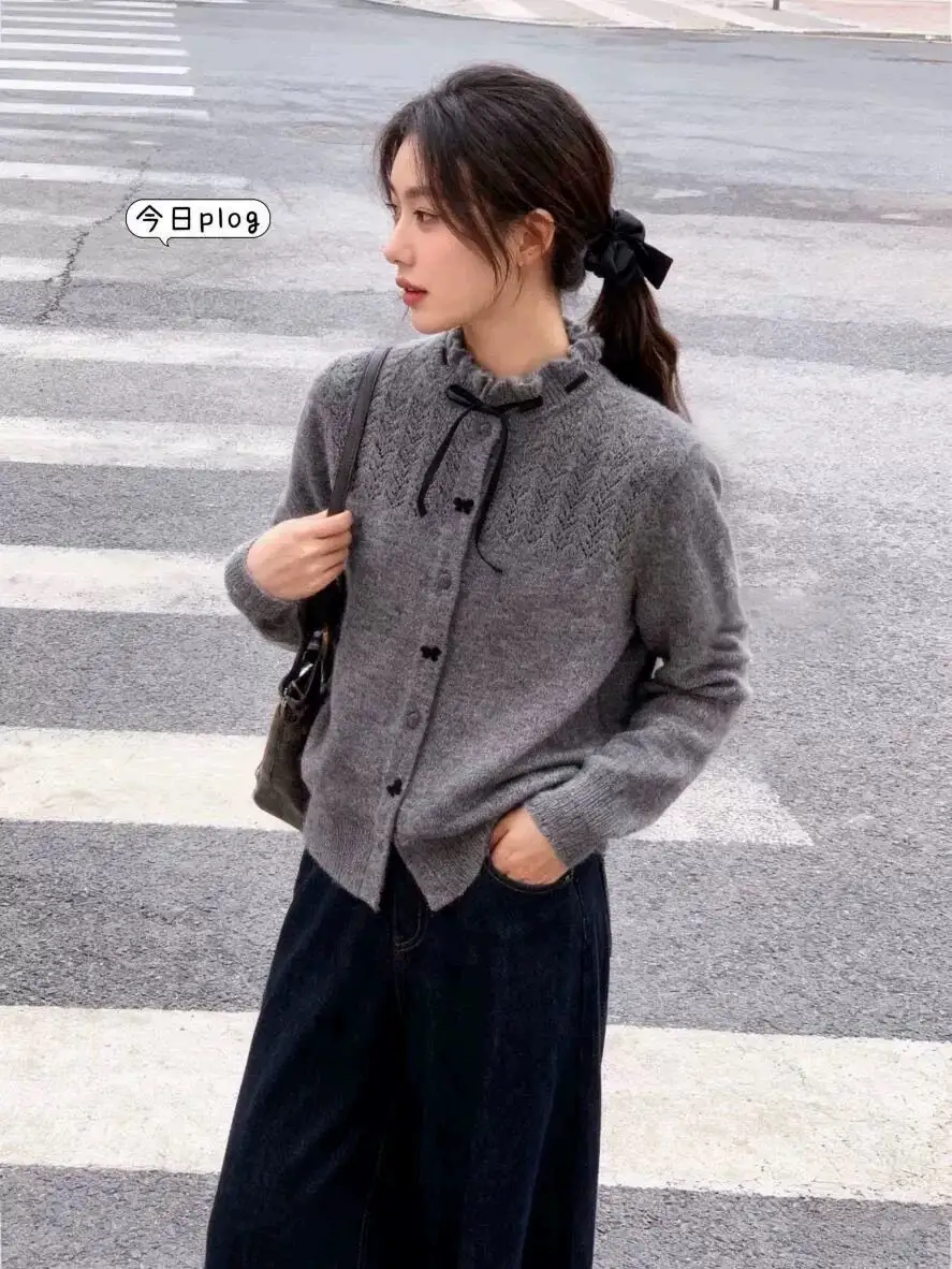 꽃 칼라 리본 니트 가디건 상세 이미지 10