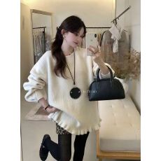 甜美风灰色波点圆领长袖套头毛衣女冬季中长款针织衫宽松休闲上衣