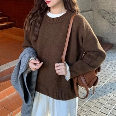 批发韩系休闲风圆领套头<b class='q'>毛衣</b><b class='q'>女</b>2026冬季宽松纯色高级感针织衫百搭上衣