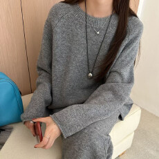 批发老钱风纯羊毛衫阔腿裤<b class='q'>套</b>装<b class='q'>女</b>圆领卷边针织毛衣羊绒<b class='q'>长裤</b>两件套装