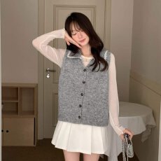 批发韩版学院风翻领蕾丝边无袖针织开衫叠穿马甲女秋冬季<b class='q'>时尚</b>减龄上衣