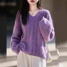 批发紫色V领长袖针织衫女春秋2026新款秋装时尚宽松温柔毛衣女士上衣