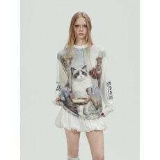 批发美式复古圆领猫咪印花<b class='q'>卫衣</b>女上衣长袖春新款休闲<b class='q'>男</b>女同款