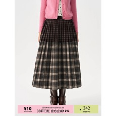 批发「heris」 紫灰色学院格纹拼接 细密压褶大摆 毛呢A字百褶裙秋<b class='q'>冬</b>