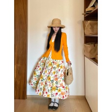 原野空间GRASS SPACE碎花裙女春橙色花朵显瘦高腰百搭长款半身裙