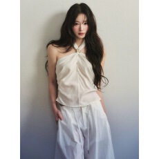 批发1P STUDIO 白色天丝纽结挂脖上衣休闲棉麻阔腿<b class='q'>长裤</b>两件套装女春装