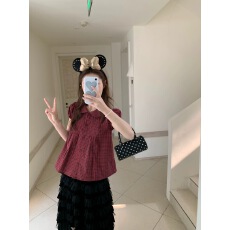 批发Yoursjin  少女感暗红格娃娃领<b class='q'>格子</b>衬衫上衣娃娃衫全棉