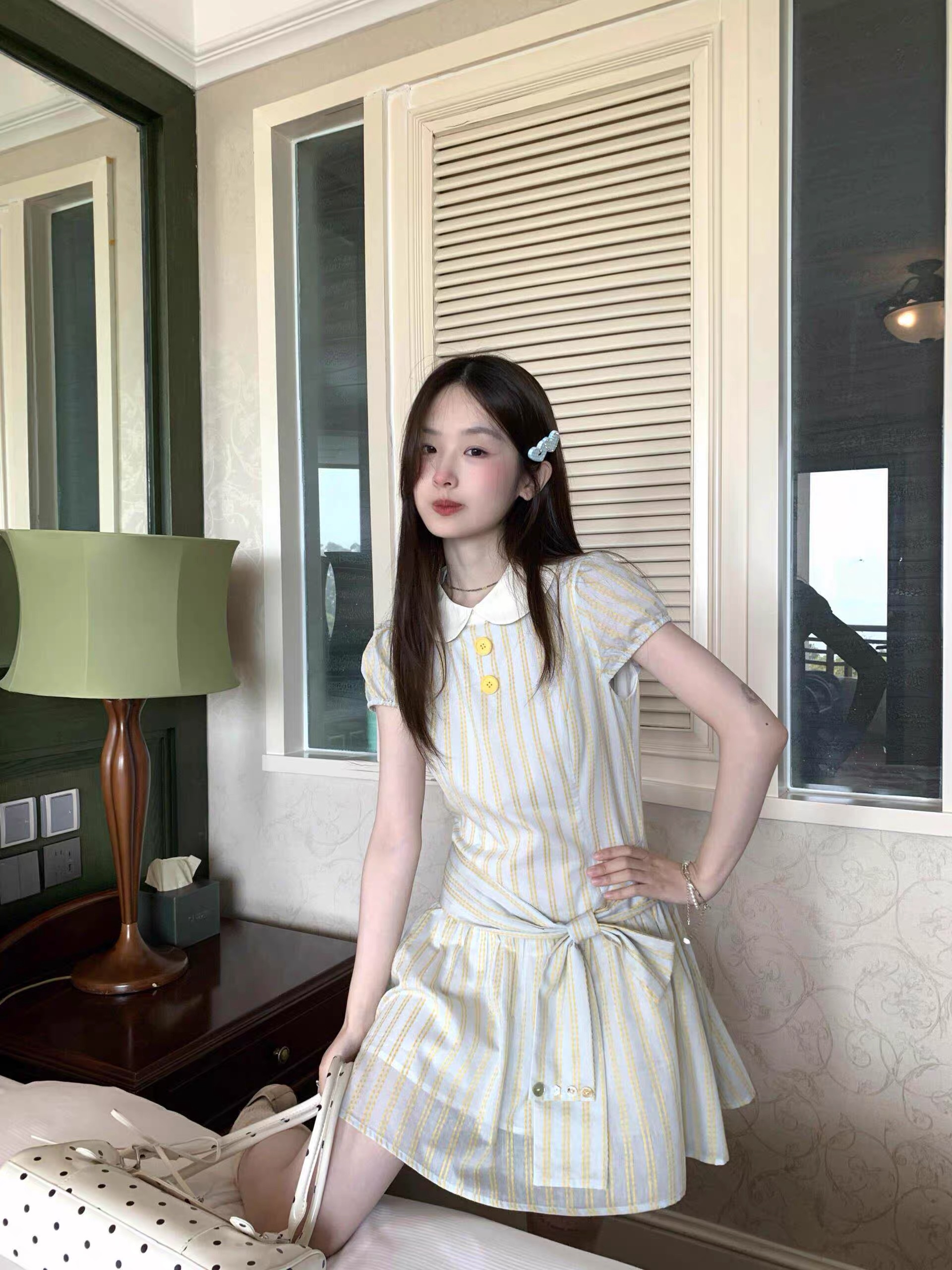 mucha 나무 차 박하 초안 프랑스식 달콤한 스타일 스트라이프 롱 스커트 여성 베이비 칼라 허리 수축 쇼트 스타일 드레스