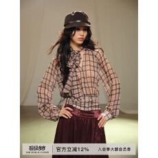 批发早秋格纹蝴蝶结系带V领双排扣收腰正肩长袖衬衫女