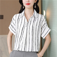 批发真丝女士条纹<b class='q'>衬衫</b>女短袖春夏法式小众别致上衣设计感通勤<b class='q'>职业</b><b class='q'>衬衣</b>