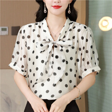 批发短袖丝麻<b class='q'>衬衫</b>女夏季2026新款气质减龄法式<b class='q'>衬衣</b>蝴蝶结轻奢波点上衣