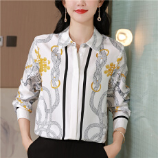 批发贵上同款 流苏链条印花<b class='q'>真丝</b>斜纹绸早春通勤桑蚕丝<b class='q'>衬衫</b>