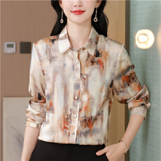 批发桑蚕丝通勤晕染印花<b class='q'>衬衫</b>女2026春季新款<b class='q'>真丝</b>休闲长袖翻领气质<b class='q'>衬衣</b>