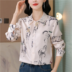 批发骏马奔腾 L.P素描马术会印花<b class='q'>真丝</b>斜纹绸桑蚕丝通勤翻领<b class='q'>衬衫</b>