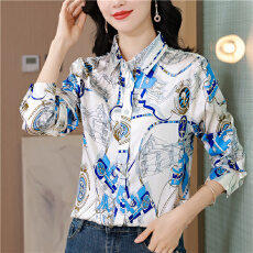 批发2026年春季新款桑蚕丝印花舒适百搭女长袖通勤polo领重磅<b class='q'>真丝</b><b class='q'>衬衫</b>