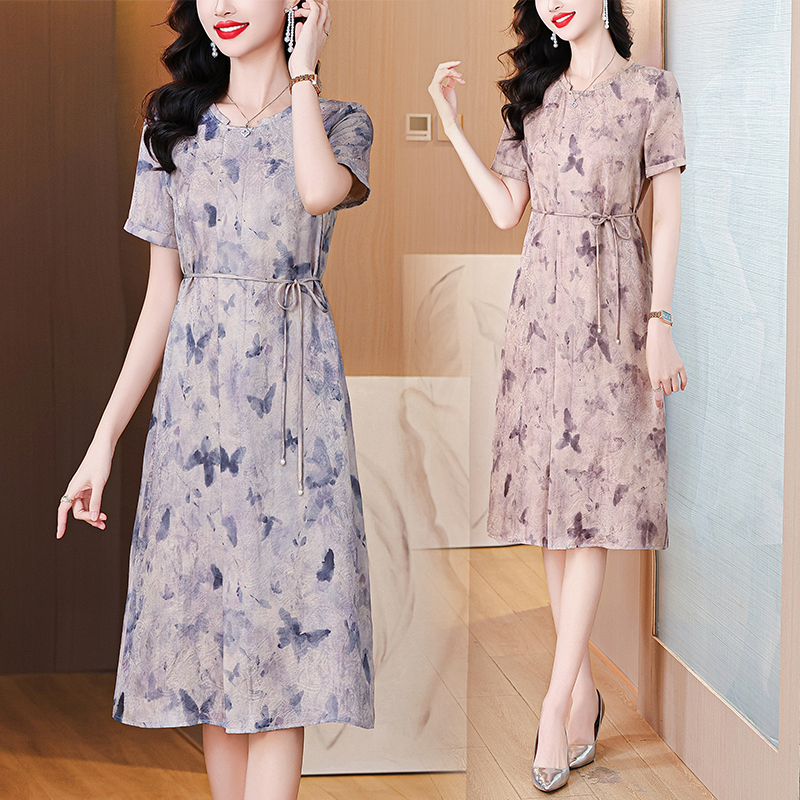 MY8044# 复古四角萝真丝连衣裙夏装新款轻奢印花杭州桑蚕丝裙子女裝貨源服裝批發