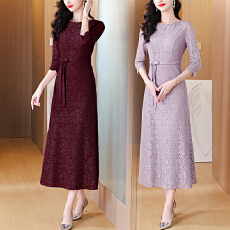 批发高贵年轻<b class='q'>妈妈</b>婚宴礼服2026秋冬新款气质阔太太蕾丝轻奢连衣裙