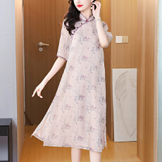 批发中式改良立领印花<b class='q'>连衣裙</b>女2026夏禅意国风旗袍
