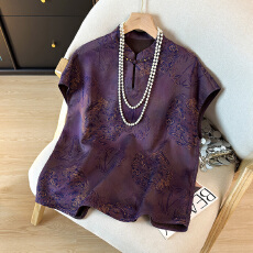 批发高端花罗香云纱桑蚕丝<b class='q'>妈妈</b>装2026春夏中式立领贵气落肩袖小衫