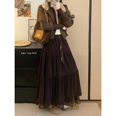 批发实拍韩版加厚毛绒<b class='q'>半身裙</b>女秋冬高腰格子花边拼接显瘦中长<b class='q'>裙</b>子