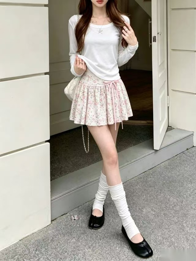 실사 달콤함 부서 작은 청신 꽃무늬 반신 스커트 하이웨이스트 슬림해 보이는 한 마디 레이스업 나비 매듭 쉬폰 미니 스커트 여름