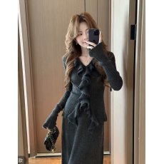 批发直接拿货 秋冬新款小香风针织套装V领毛衣<b class='q'>荷叶边</b>上衣半身裙两件套