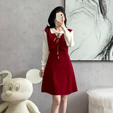 批发直接拿货 秋冬新款小香风针织连衣裙学院风拼色<b class='q'>假两件</b>连衣裙