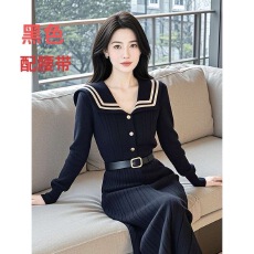 批发直接拿货 秋冬新款小香风针织连衣裙海军领配腰带毛衣裙