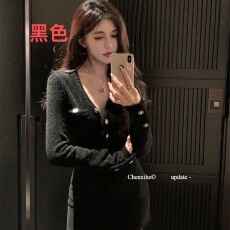 批发直接拿货 秋冬新款小香风针织连衣裙打底内搭长袖高腰A字小黑裙