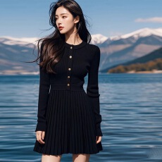 批发直接拿货 秋冬新款小香风针织连衣裙打底内搭长袖高腰A字小黑裙