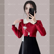 批发直接拿货 秋冬新款小香风针织连衣裙撞色毛衣裙