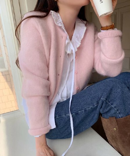 있음 선적 한국 ins 소녀 부드러운 센스 작은 원 칼라 단추 플러시 플러시 짧은 스웨터 오픈 가디건